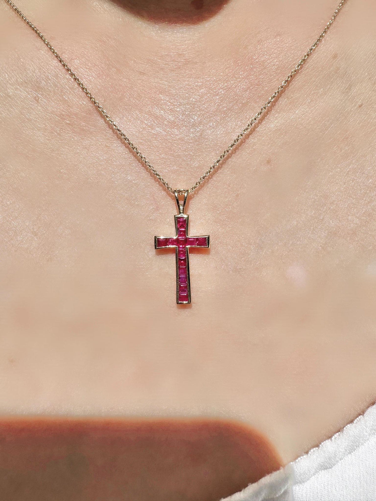 Genuine Ruby Tapered Cross Pendant / 14k Solid Gold