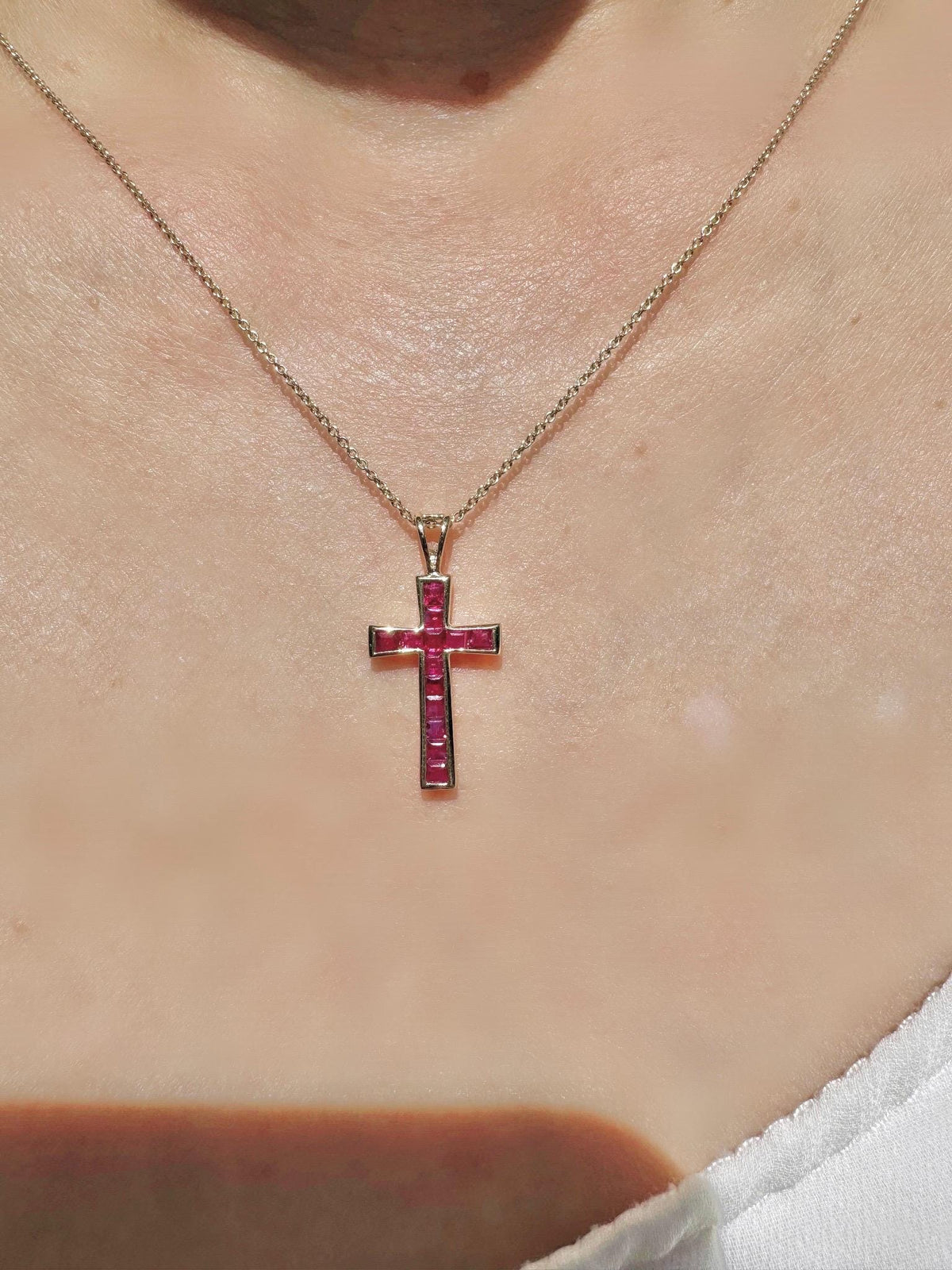 Genuine Ruby Tapered Cross Pendant / 14k Solid Gold