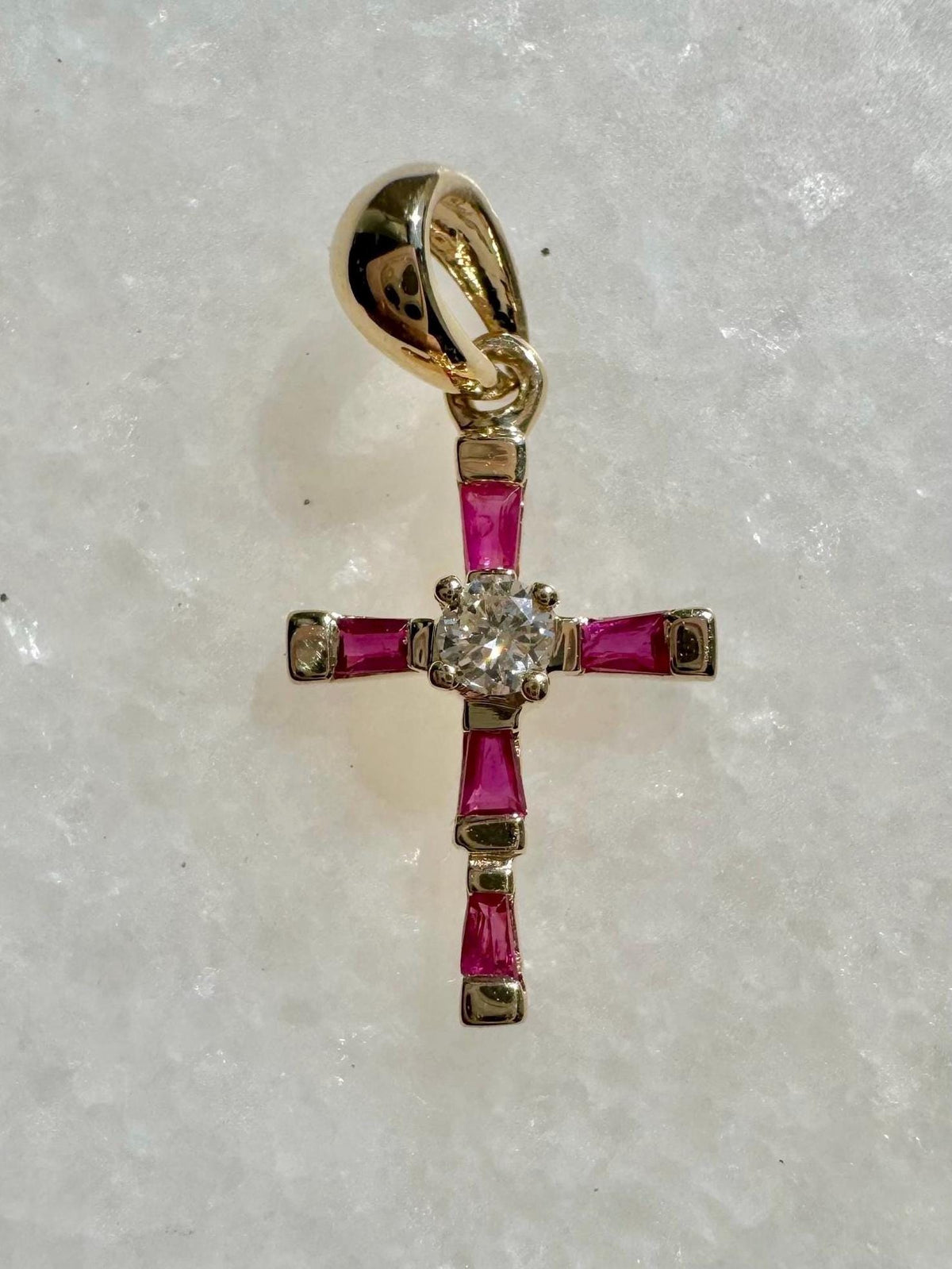 Genuine Ruby Diamond Baguette Cross Pendant (Mini) | 14k Solid Gold