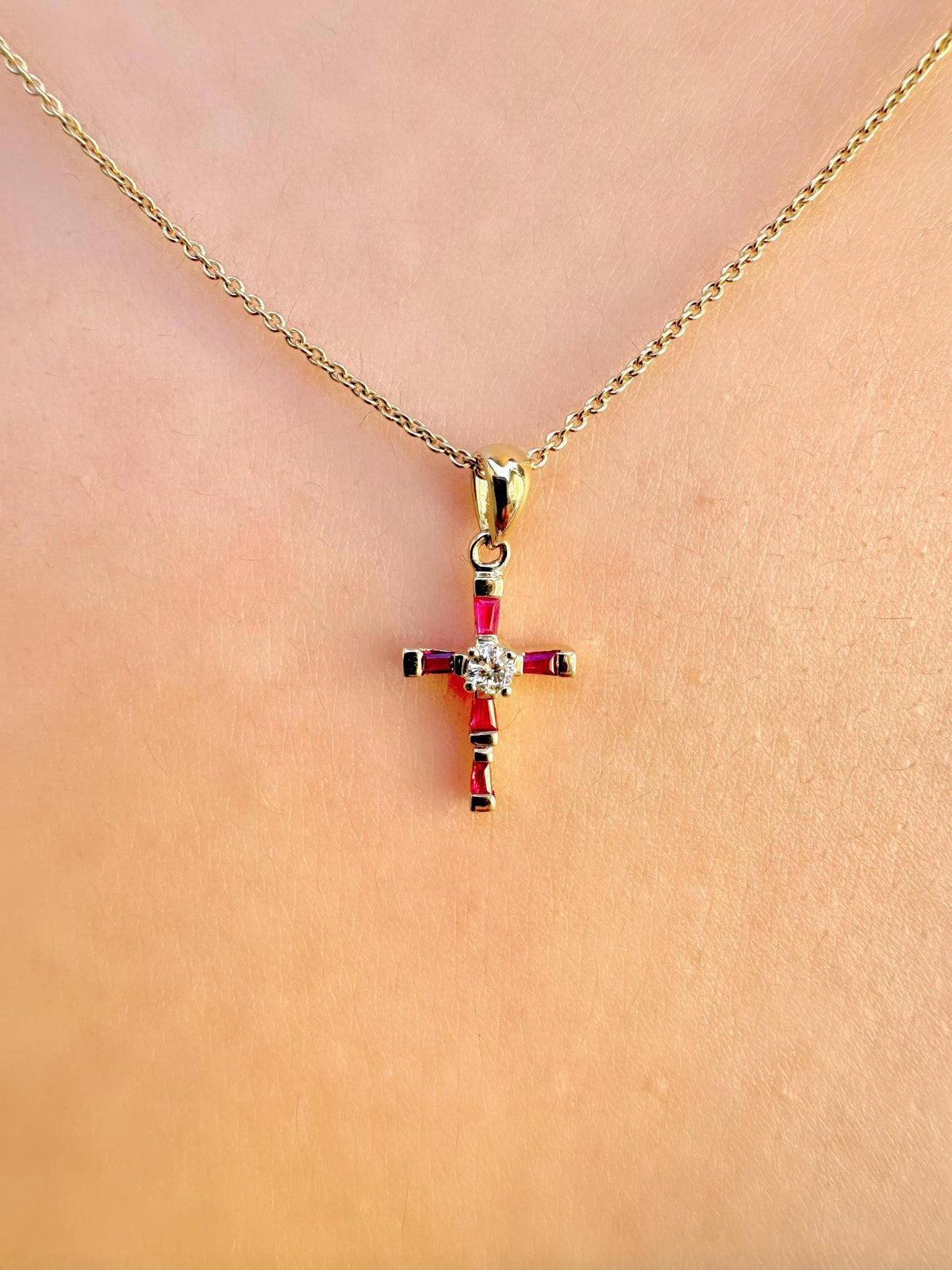 Genuine Ruby Diamond Baguette Cross Pendant (Mini) | 14k Solid Gold