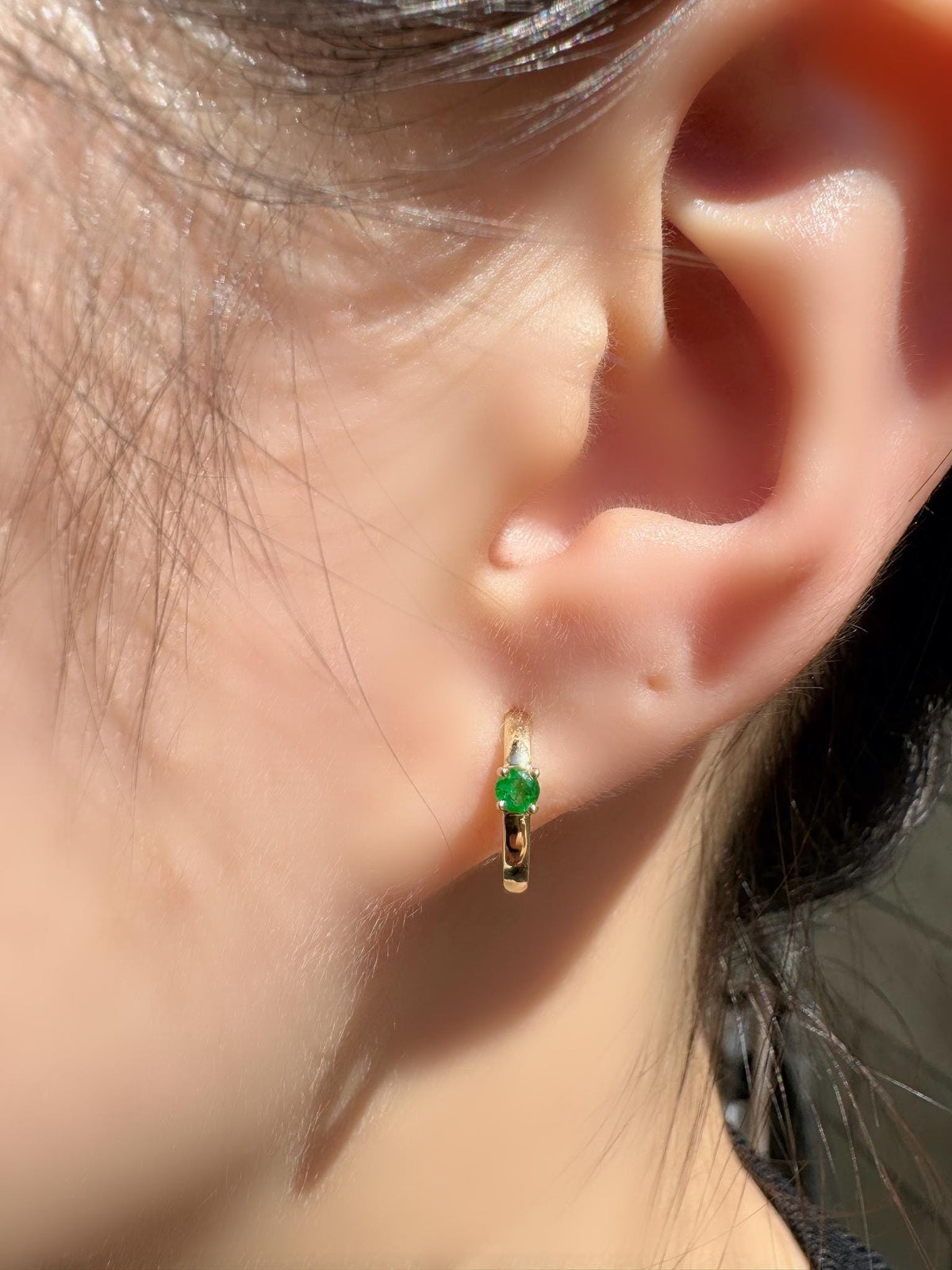 Genuine Dainty Emerald Round Cut Huggie Hoop Earrings, 14k Solid Gold, May Birthstone Gift