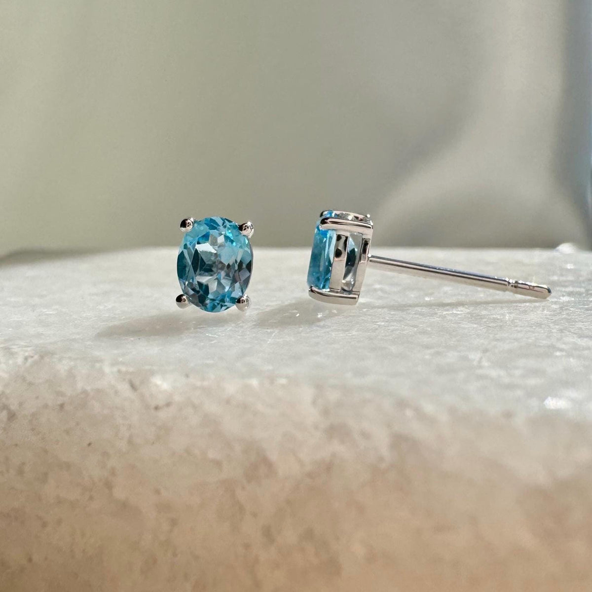 Genuine Blue Topaz Oval Cut Solitaire Stud Earrings / 14k Solid Gold