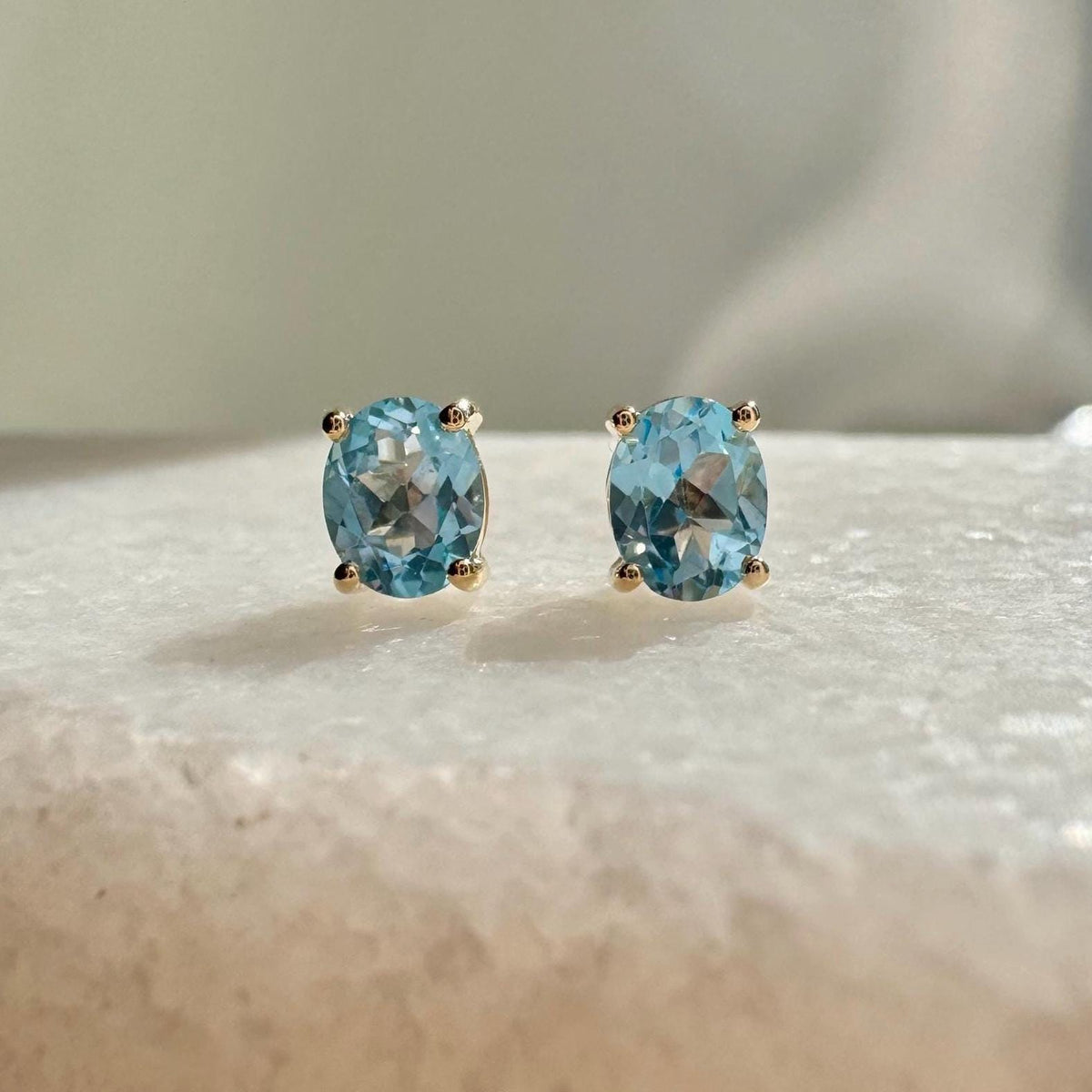 Genuine Blue Topaz Oval Cut Solitaire Stud Earrings / 14k Solid Gold