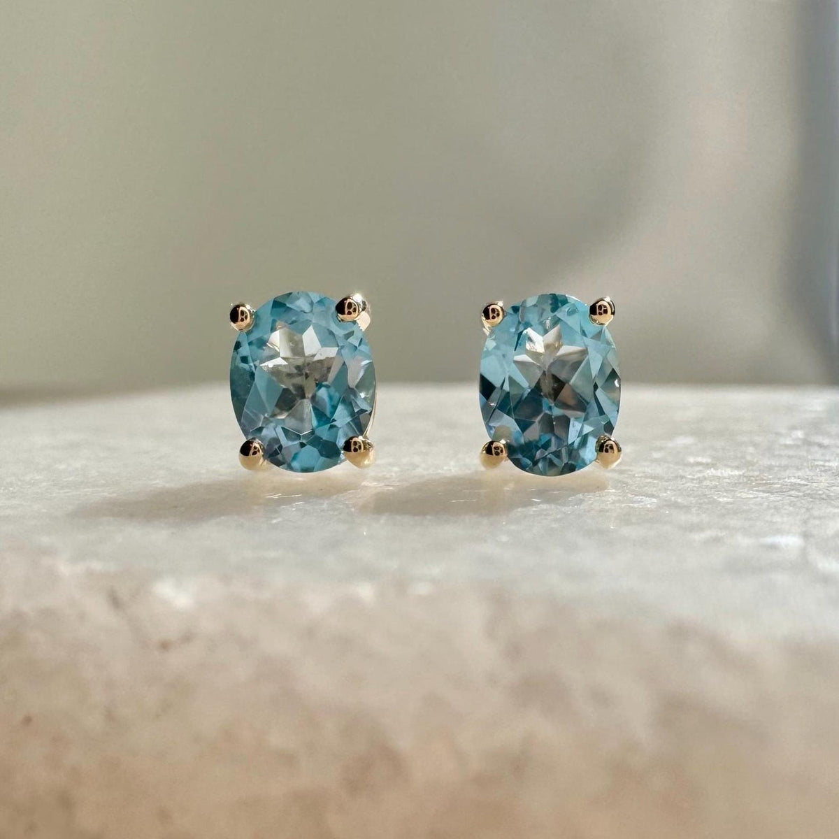Genuine Blue Topaz Oval Cut Solitaire Stud Earrings / 14k Solid Gold