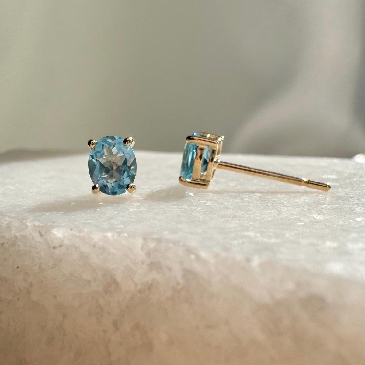 Genuine Blue Topaz Oval Cut Solitaire Stud Earrings / 14k Solid Gold