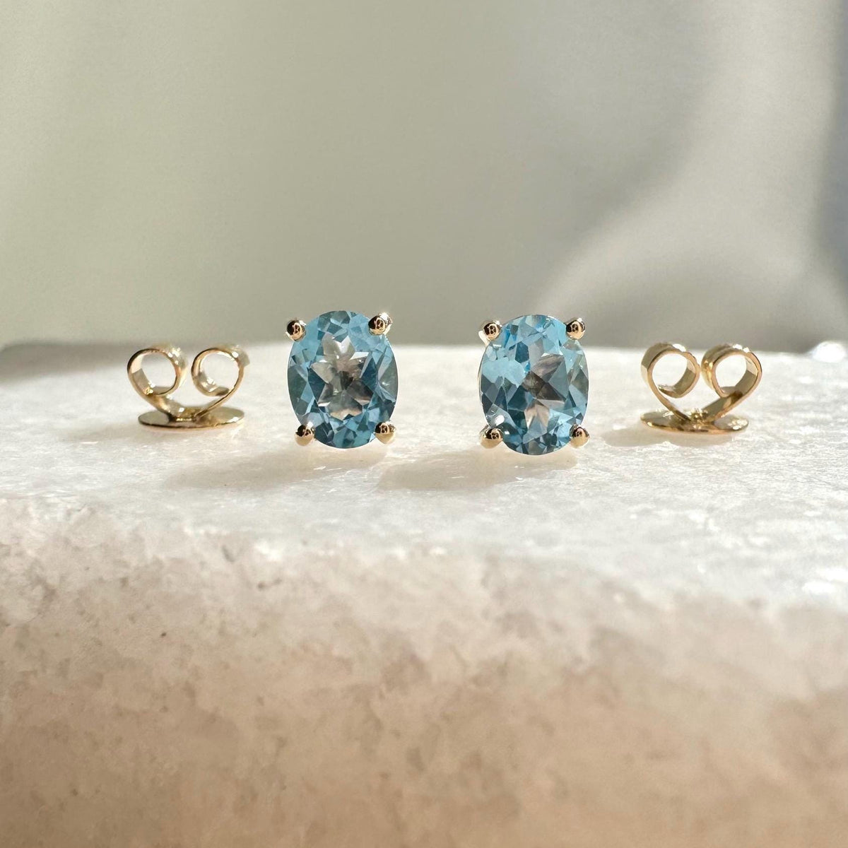 Genuine Blue Topaz Oval Cut Solitaire Stud Earrings / 14k Solid Gold
