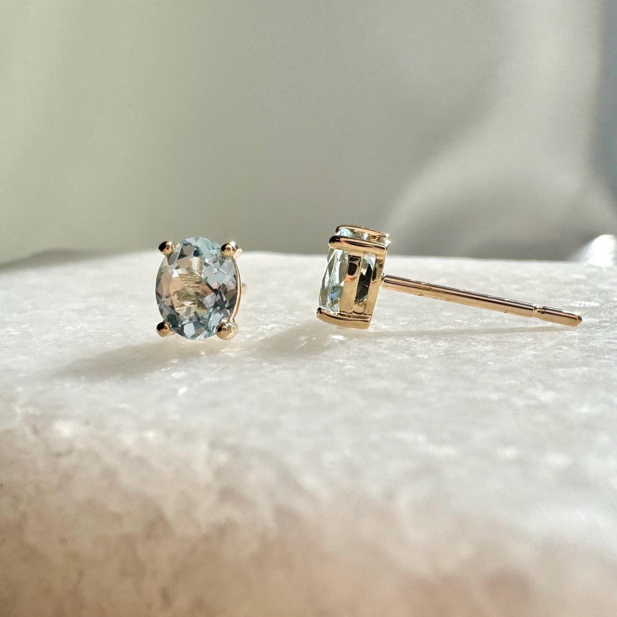 Genuine Aquamarine Oval Cut Solitaire Stud Earrings / 14k Solid Gold