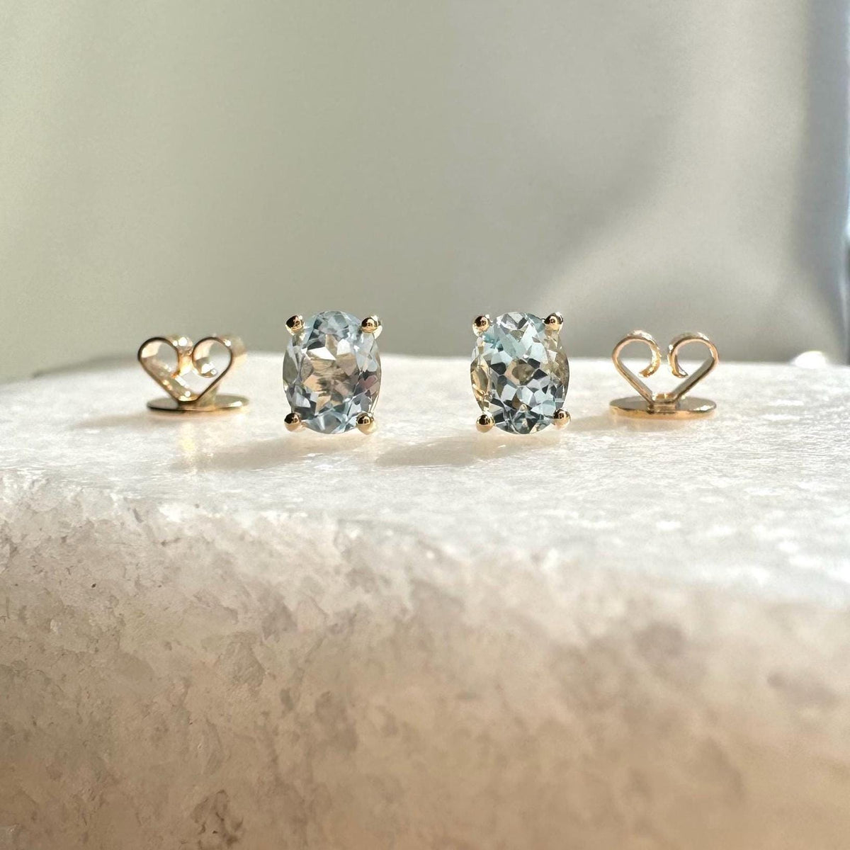 Genuine Aquamarine Oval Cut Solitaire Stud Earrings / 14k Solid Gold