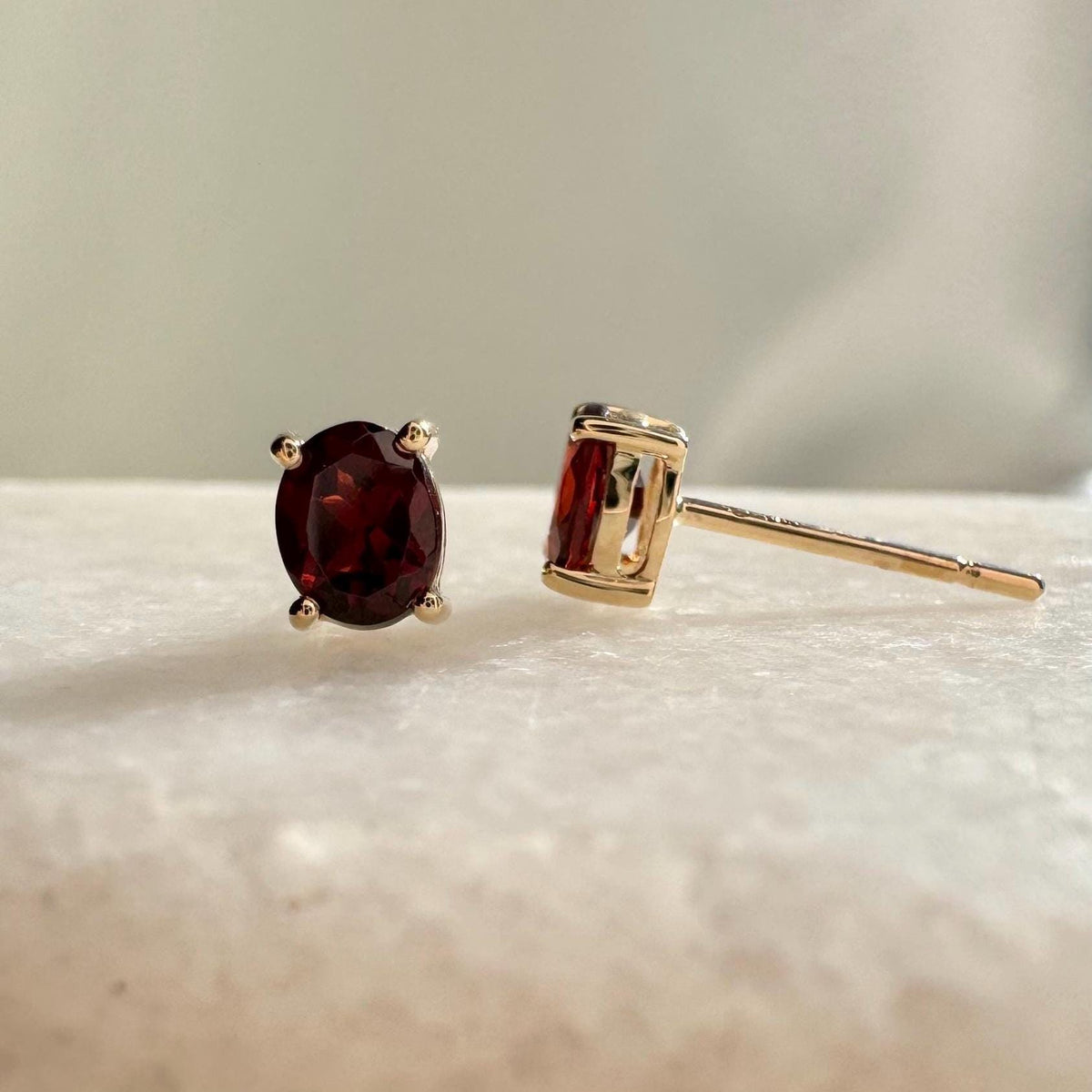 Genuine Garnet Oval Cut Solitaire Stud Earrings / 14k Solid Gold