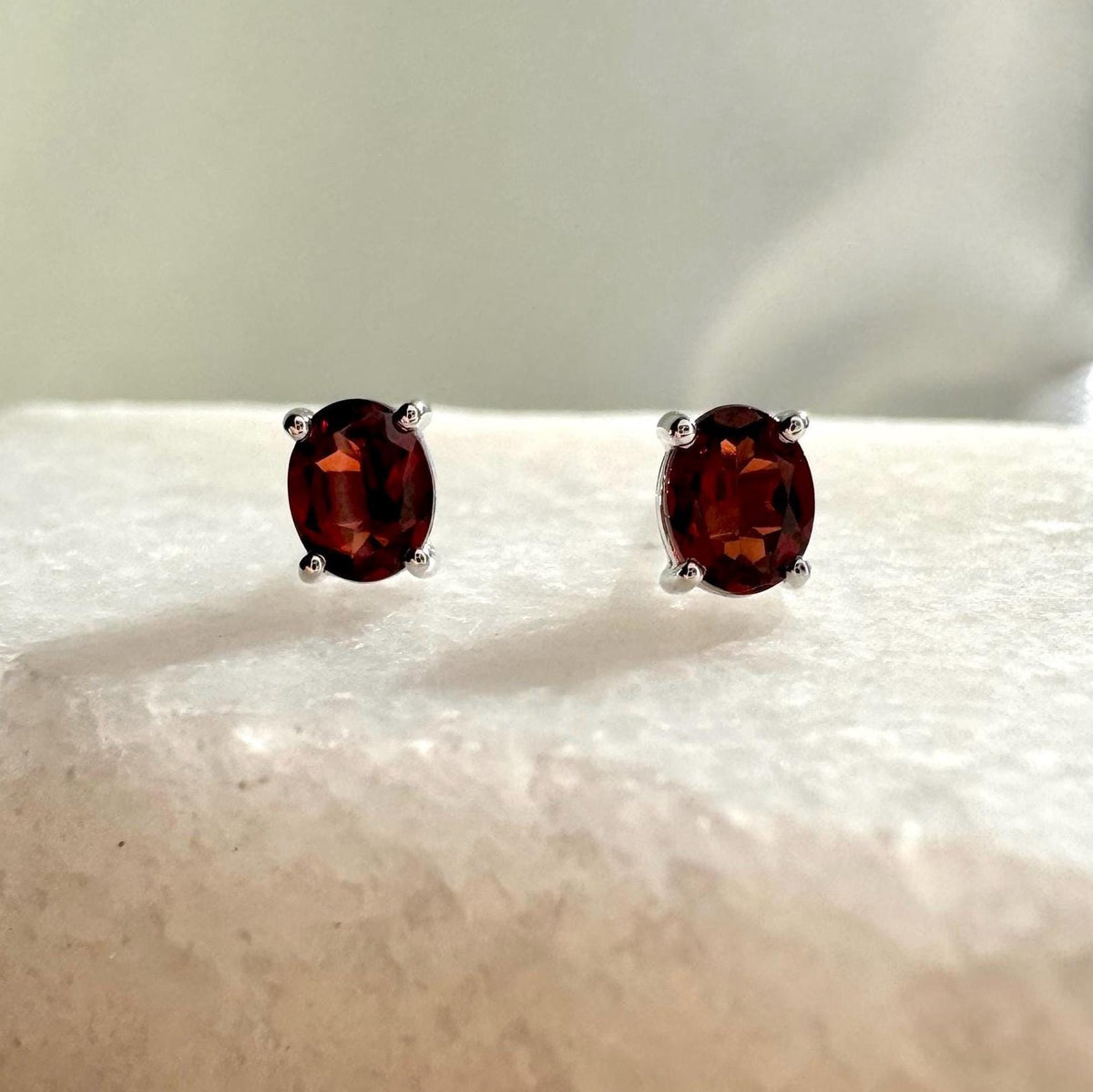 Genuine Garnet Oval Cut Solitaire Stud Earrings / 14k Solid Gold