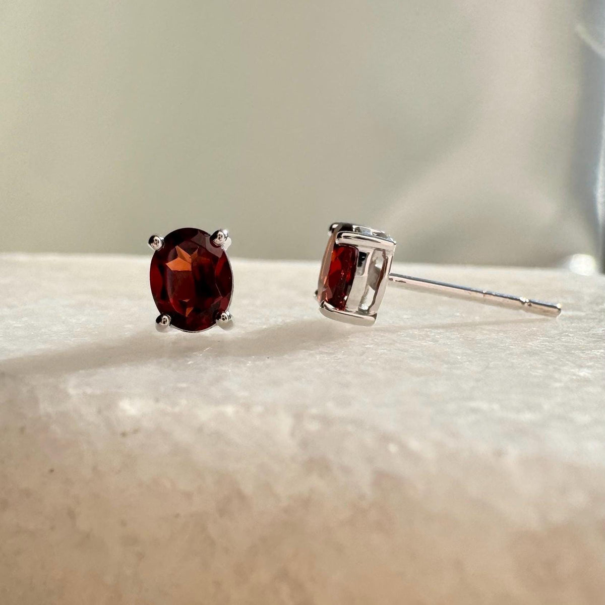 Genuine Garnet Oval Cut Solitaire Stud Earrings / 14k Solid Gold