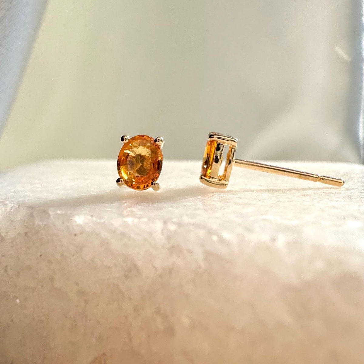 Genuine Orange Sapphire Oval Cut Solitaire Stud Earrings, 14k or 18k Solid Gold, September Birthstone