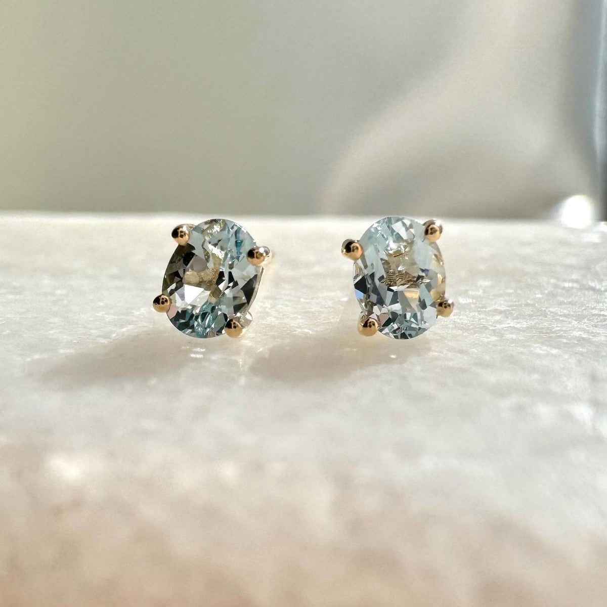 Genuine Aquamarine Oval Cut Mini Stud Earrings, 14k Solid Gold, March Birthstone, Gift for Her