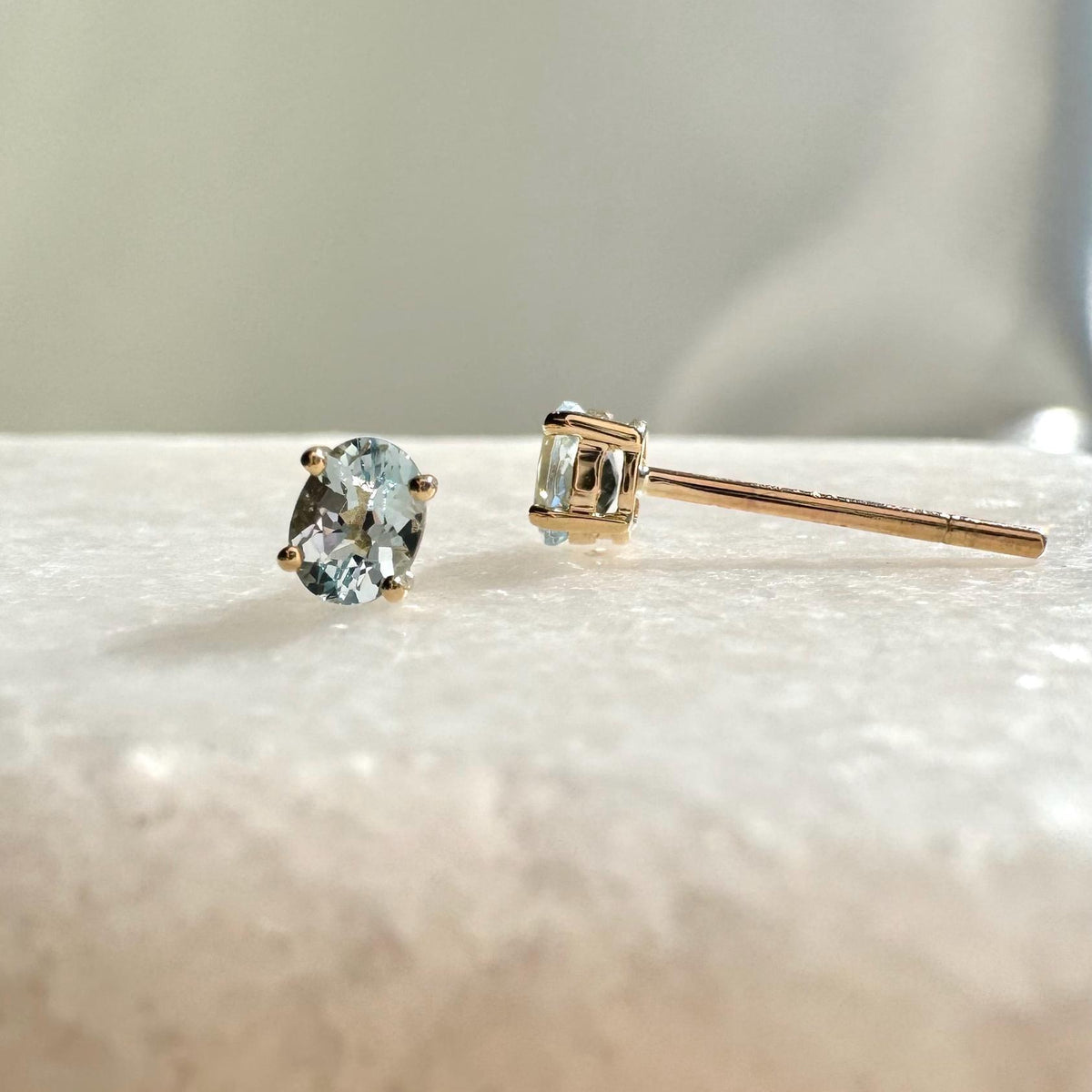 Genuine Aquamarine Oval Cut Mini Stud Earrings, 14k Solid Gold, March Birthstone, Gift for Her