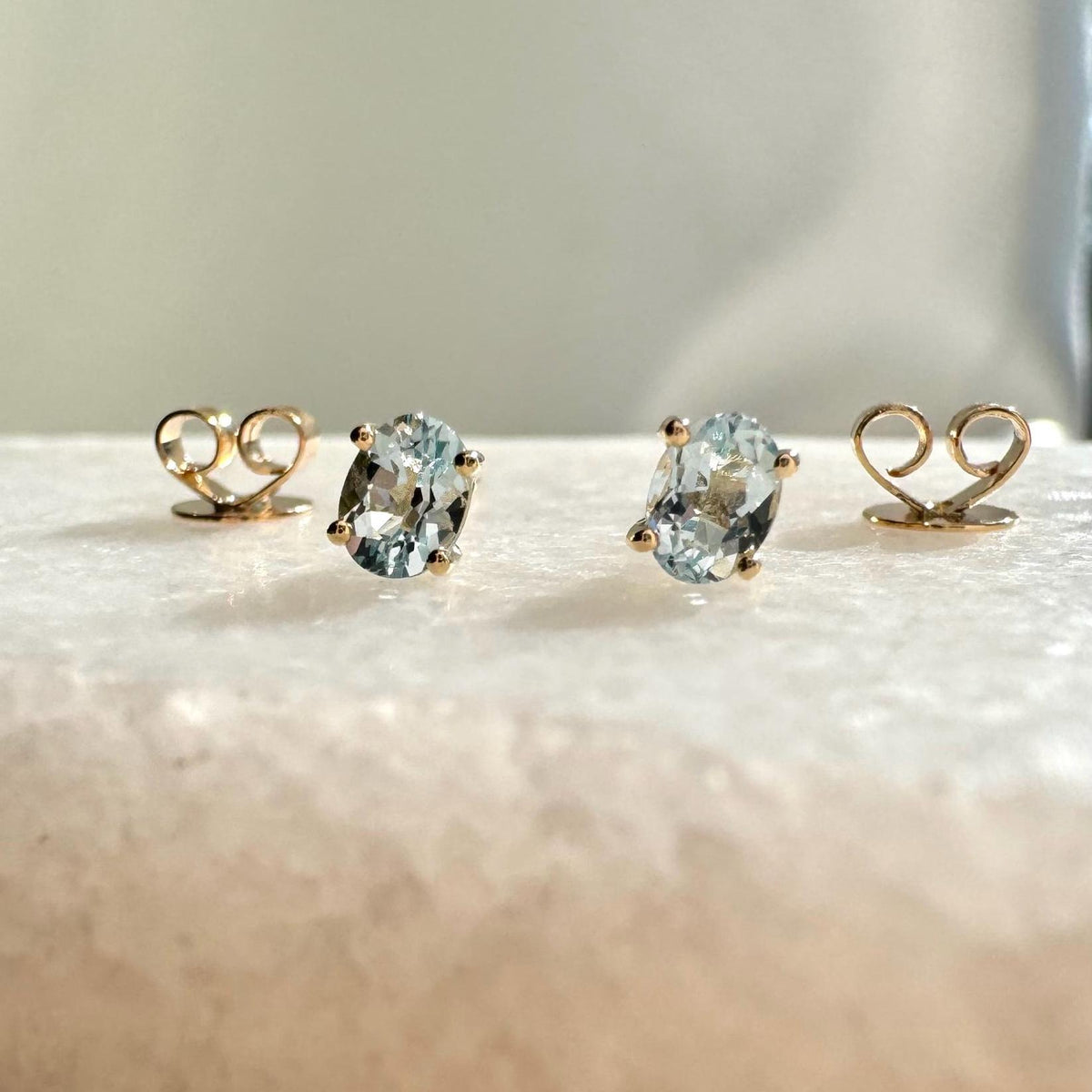 Genuine Aquamarine Oval Cut Mini Stud Earrings, 14k Solid Gold, March Birthstone, Gift for Her