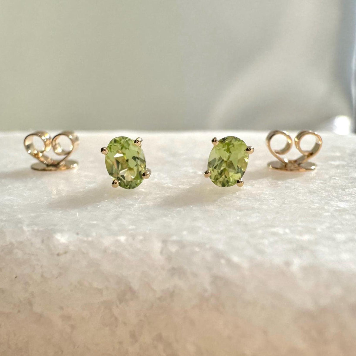 Genuine Peridot Oval Cut Stud Earrings (Mini) / 14K Solid Gold