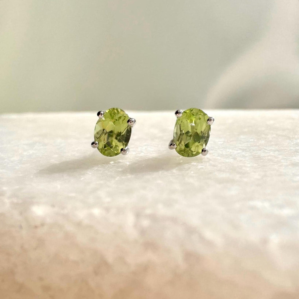 Genuine Peridot Oval Cut Stud Earrings (Mini) / 14K Solid Gold