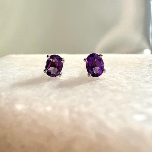 Genuine Amethyst Oval Cut (Mini) Stud Earrings in 14K Solid Gold