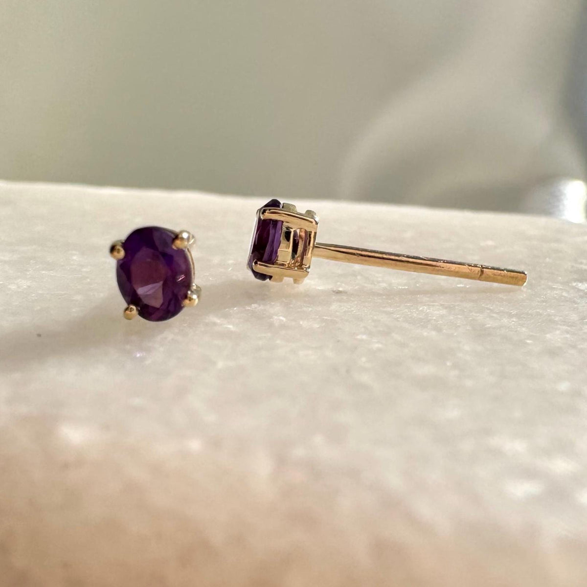 Genuine Amethyst Oval Cut (Mini) Stud Earrings in 14K Solid Gold