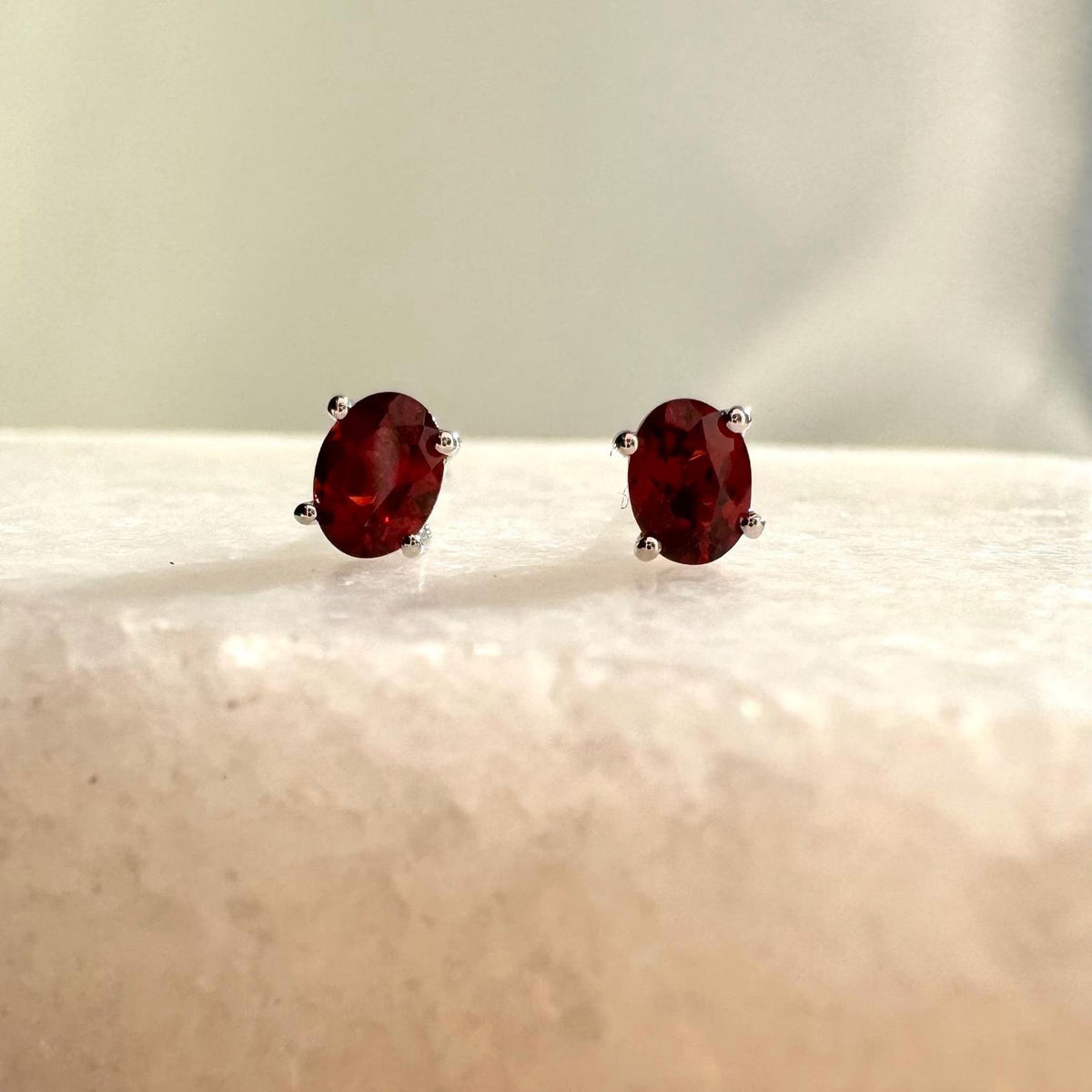 Genuine Garnet Oval Cut Mini Stud Earrings, 14k Solid Gold, January Birthstone Gift