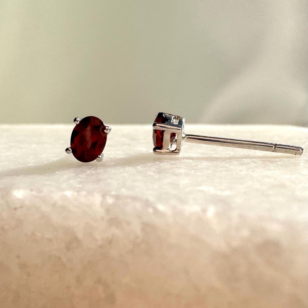 Genuine Garnet Oval Cut Mini Stud Earrings, 14k Solid Gold, January Birthstone Gift