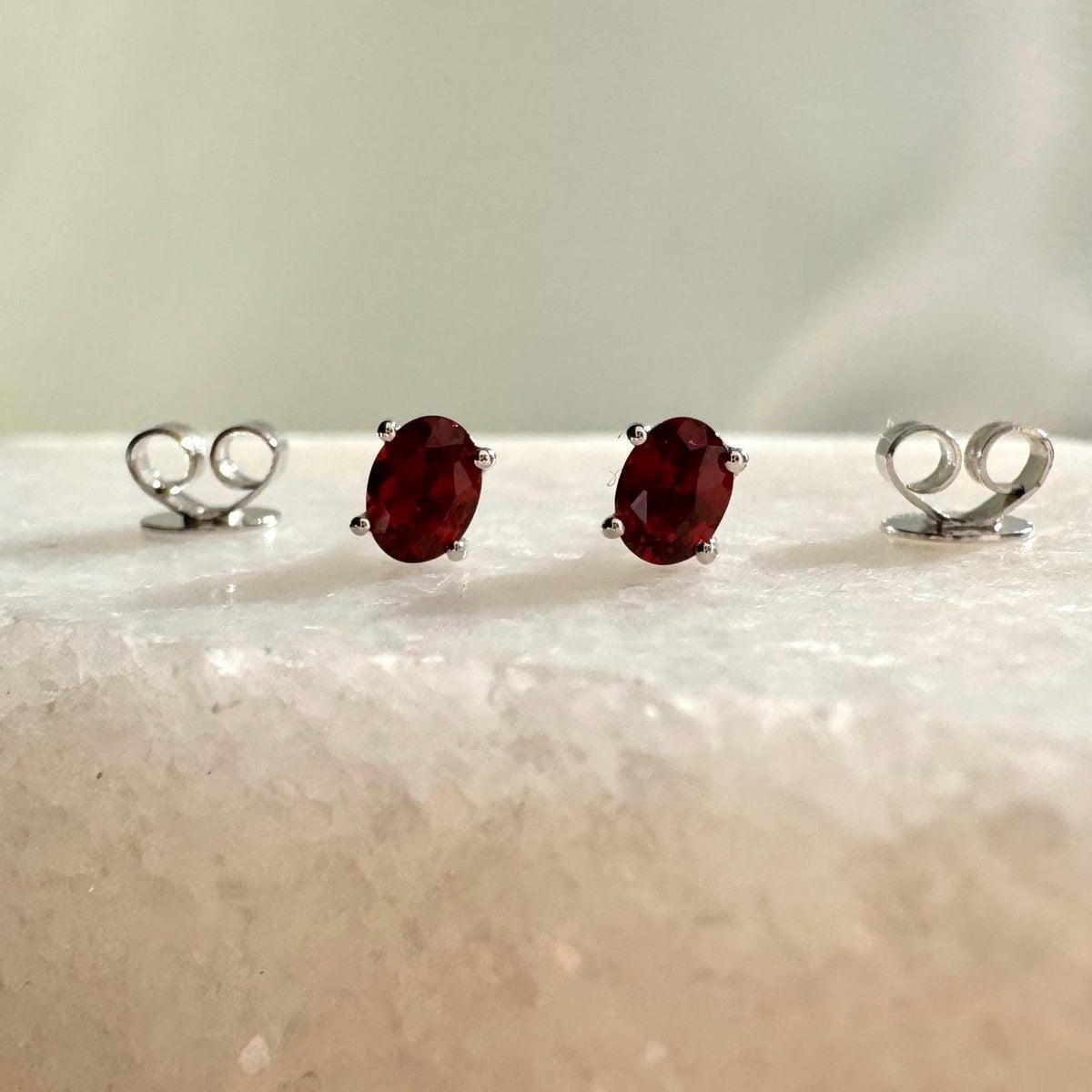 Genuine Garnet Oval Cut Mini Stud Earrings, 14k Solid Gold, January Birthstone Gift