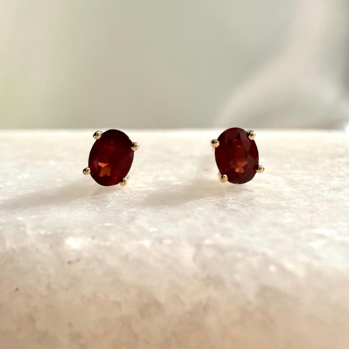 Genuine Garnet Oval Cut Mini Stud Earrings, 14k Solid Gold, January Birthstone Gift