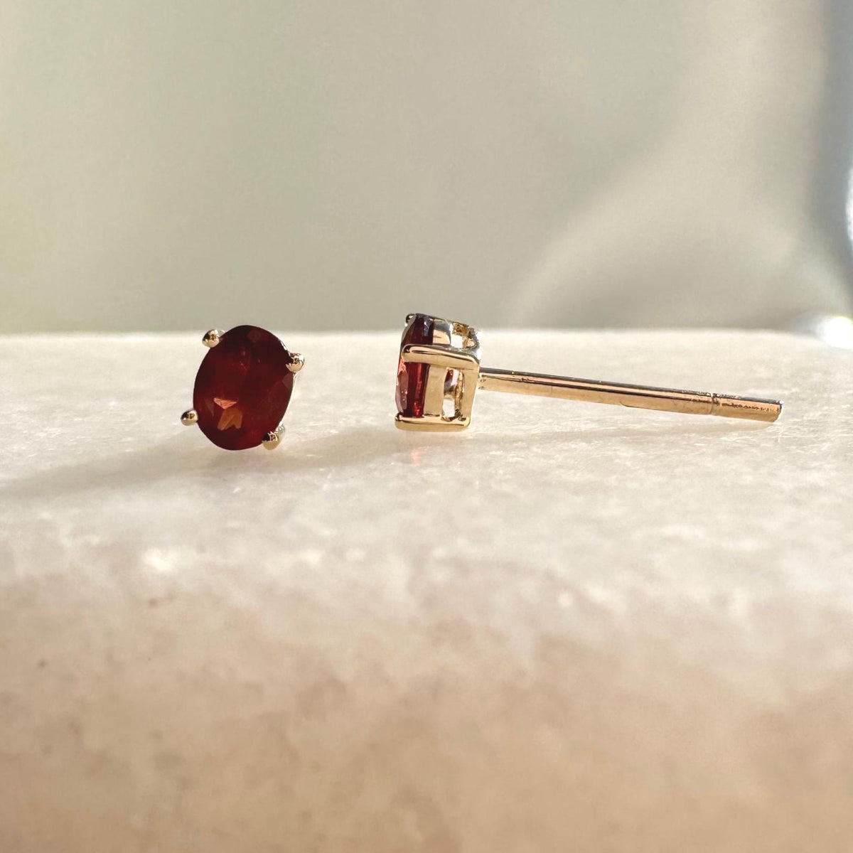 Genuine Garnet Oval Cut Mini Stud Earrings, 14k Solid Gold, January Birthstone Gift