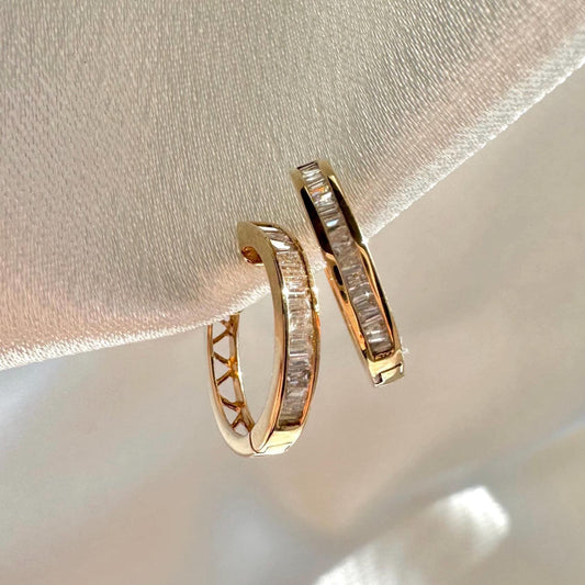 Genuine Diamond Pavé Medium Hoops / 14k Solid Gold