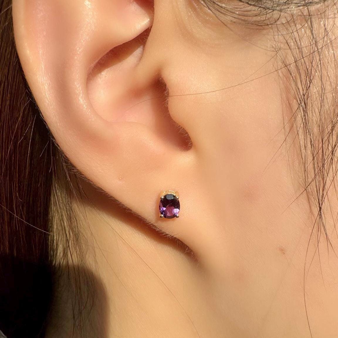 Genuine Amethyst Oval Cut Solitaire Stud Earrings, 14k Solid Gold, February Birthstone, Gift for Her