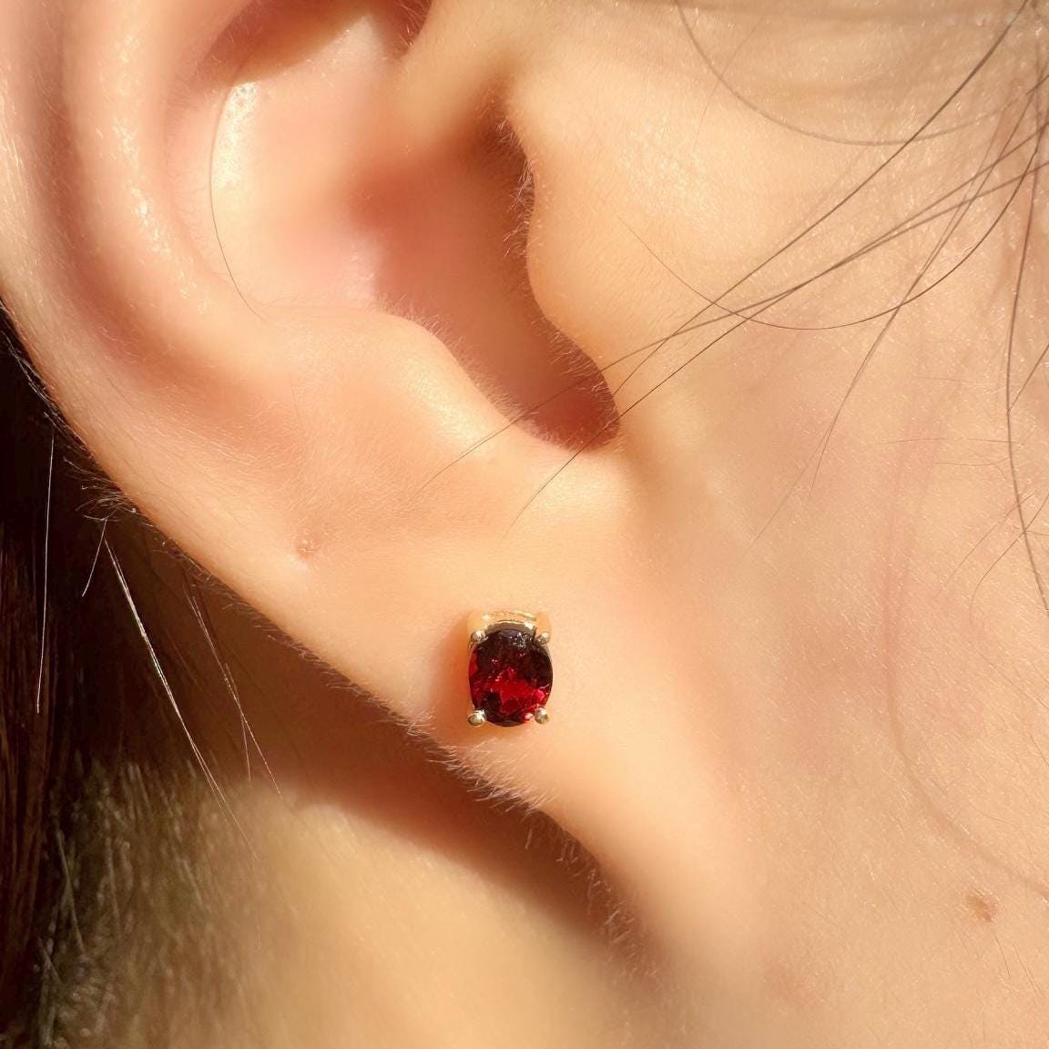 Genuine Garnet Oval Cut Solitaire Stud Earrings / 14k Solid Gold