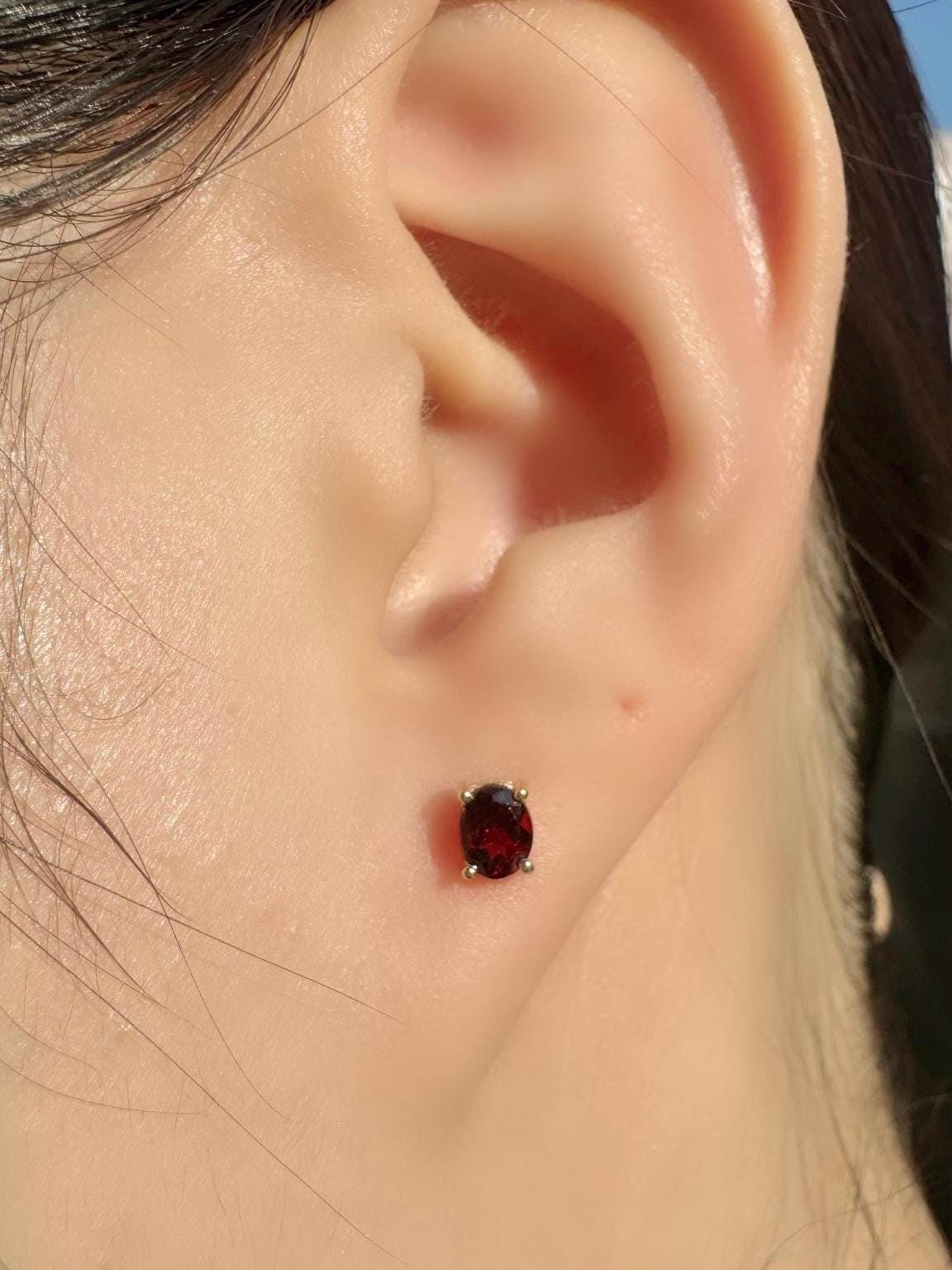 Genuine Garnet Oval Cut Solitaire Stud Earrings / 14k Solid Gold