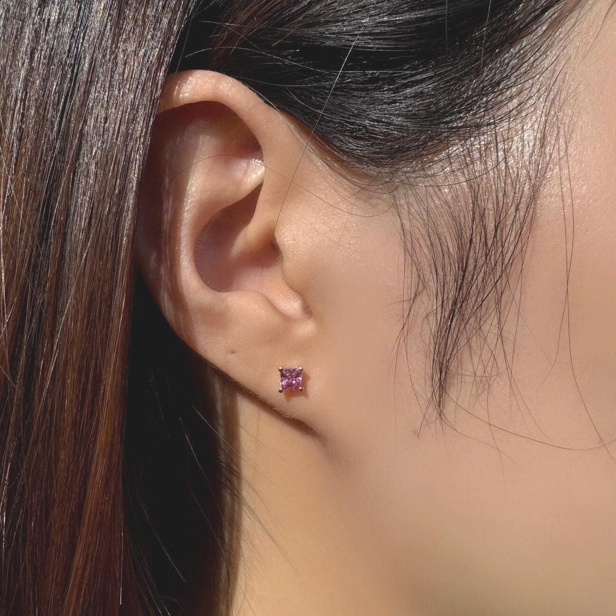 Genuine Pink Sapphire Princess Cut Stud Earrings / 18k Solid Gold / 14k Solid Gold