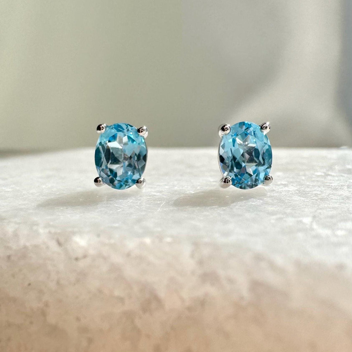 Genuine Blue Topaz Oval Cut Solitaire Stud Earrings / 14k Solid Gold