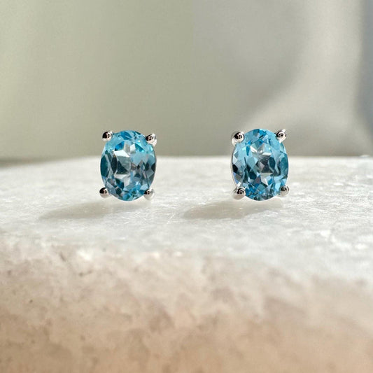 Genuine Blue Topaz Oval Cut Solitaire Stud Earrings / 14k Solid Gold
