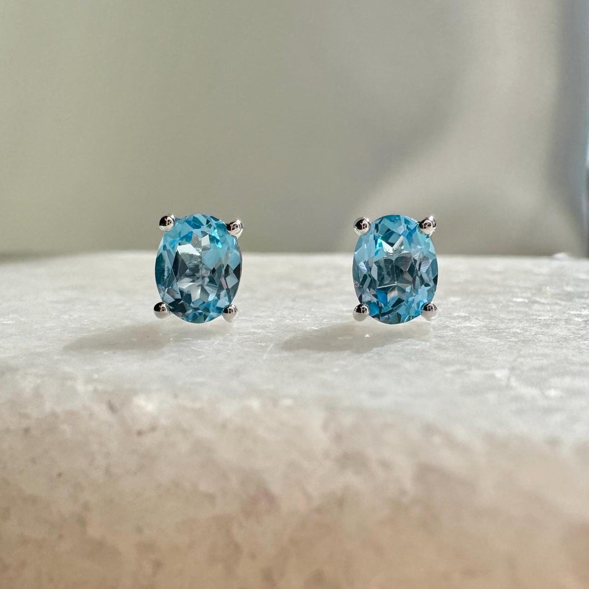Genuine Blue Topaz Oval Cut Solitaire Stud Earrings / 14k Solid Gold