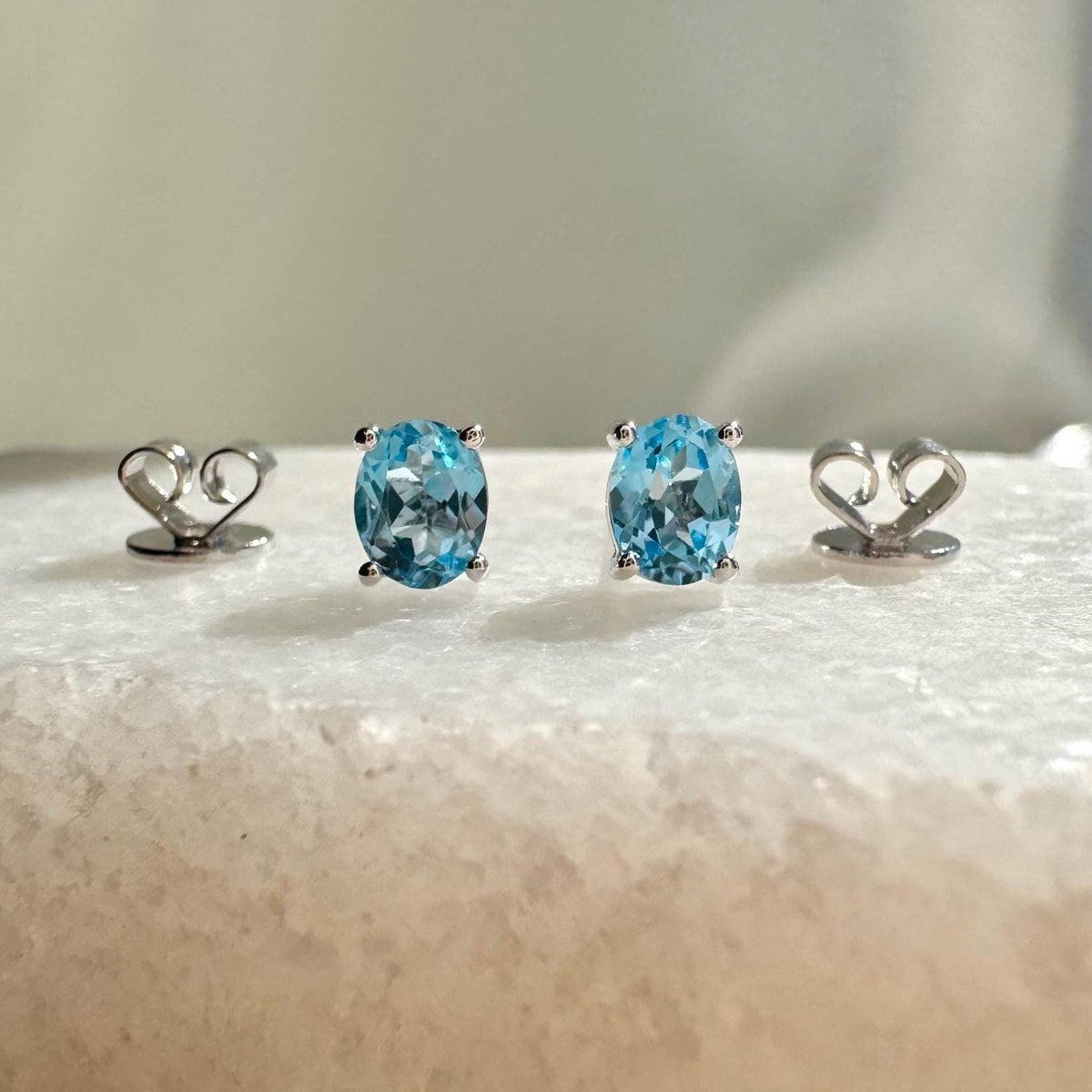 Genuine Blue Topaz Oval Cut Solitaire Stud Earrings / 14k Solid Gold