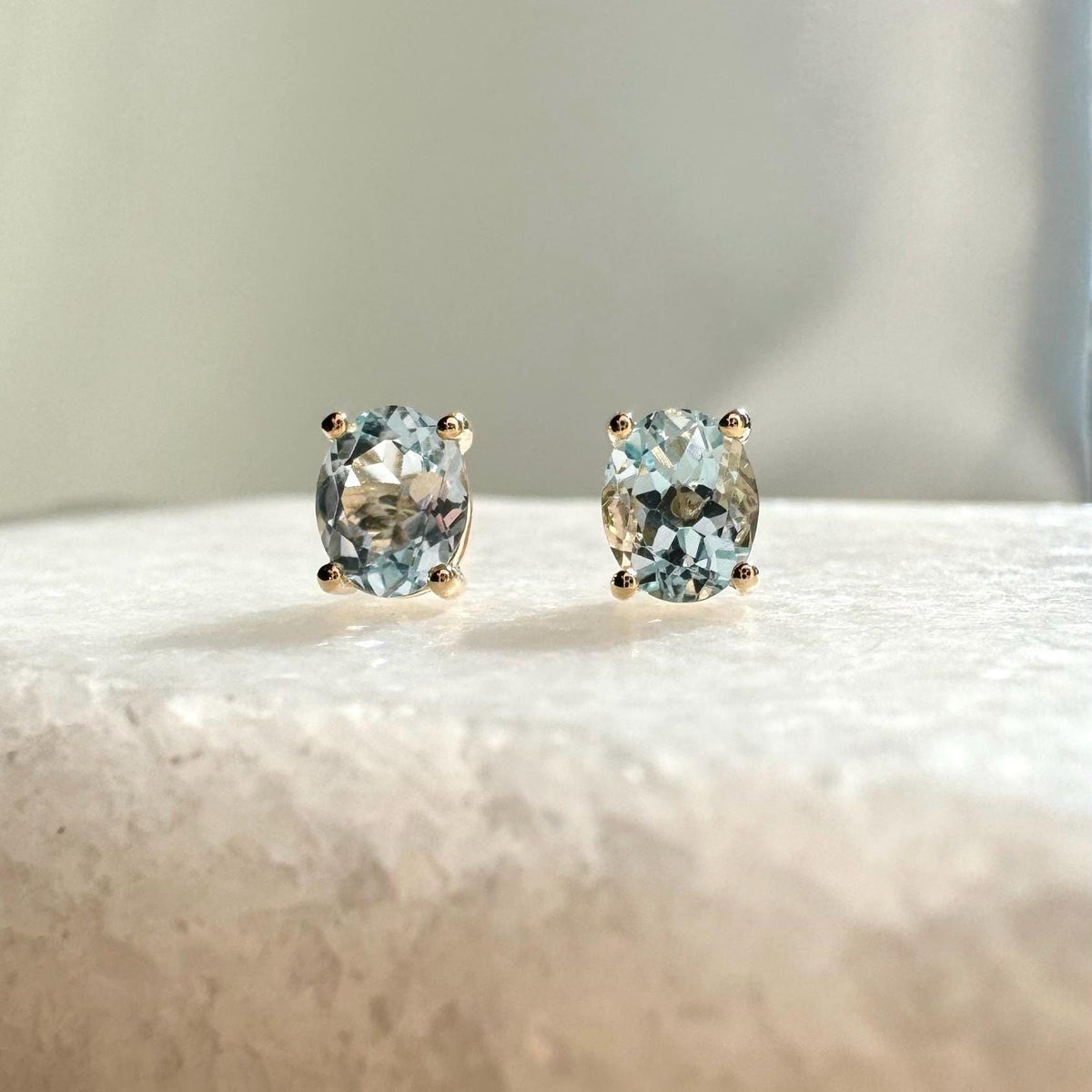 Genuine Aquamarine Oval Cut Solitaire Stud Earrings / 14k Solid Gold