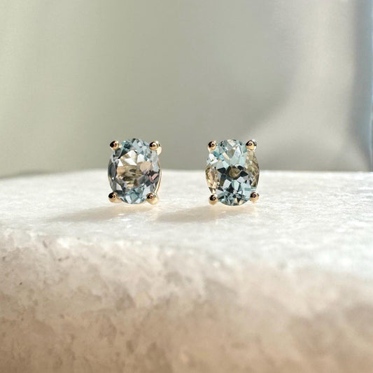 Genuine Aquamarine Oval Cut Solitaire Stud Earrings / 14k Solid Gold