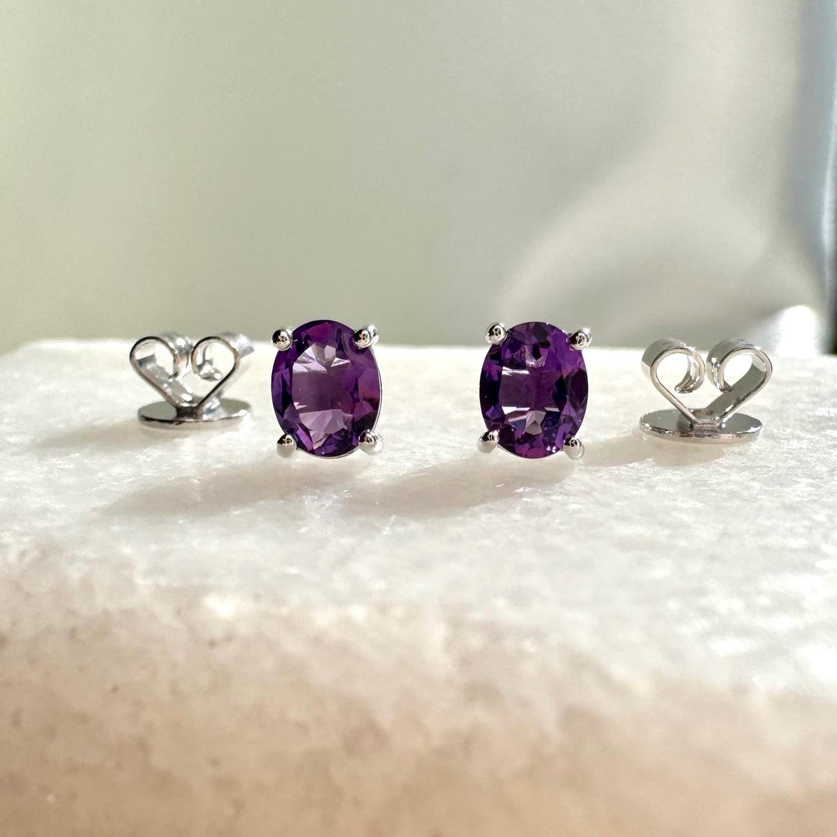 Genuine Amethyst Oval Cut Solitaire Stud Earrings, 14k Solid Gold, February Birthstone, Gift for Her