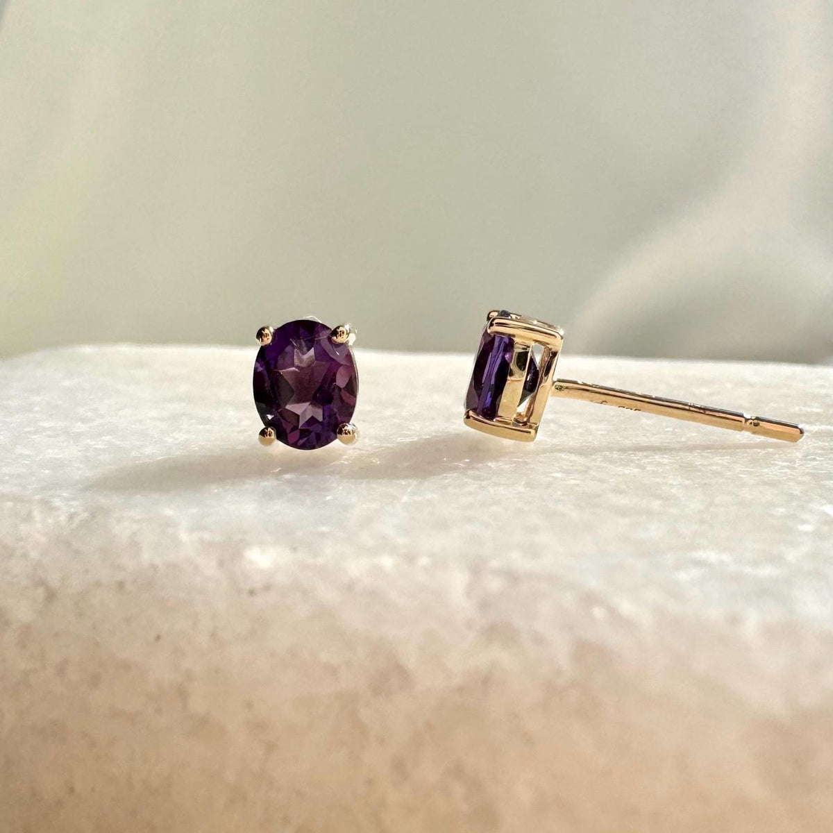 Genuine Amethyst Oval Cut Solitaire Stud Earrings, 14k Solid Gold, February Birthstone, Gift for Her