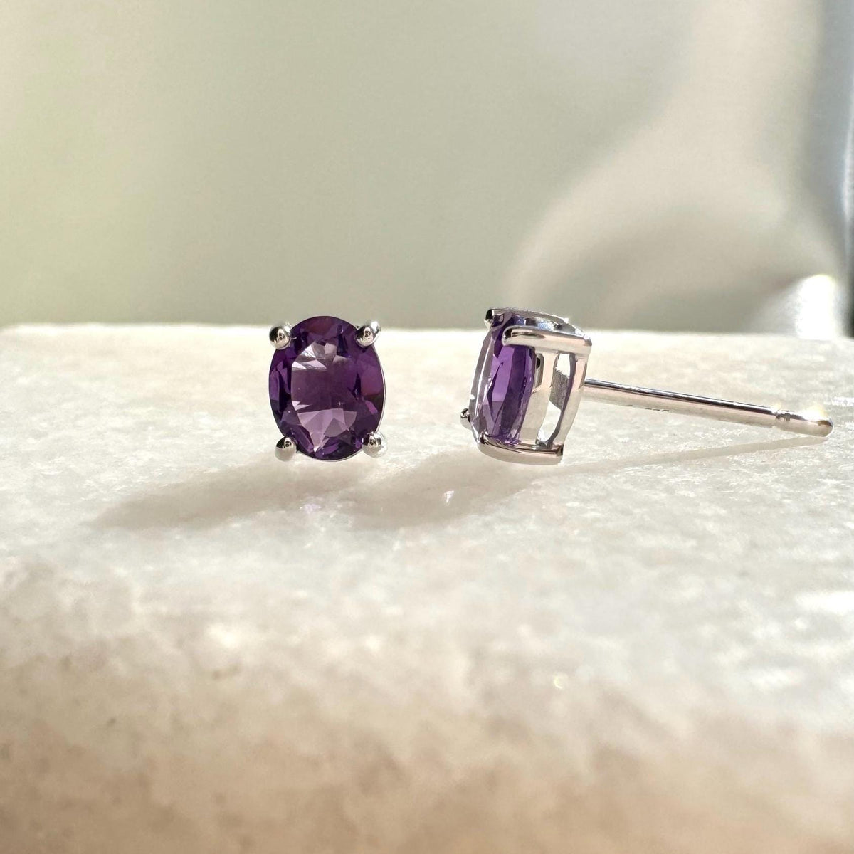 Genuine Amethyst Oval Cut Solitaire Stud Earrings, 14k Solid Gold, February Birthstone, Gift for Her