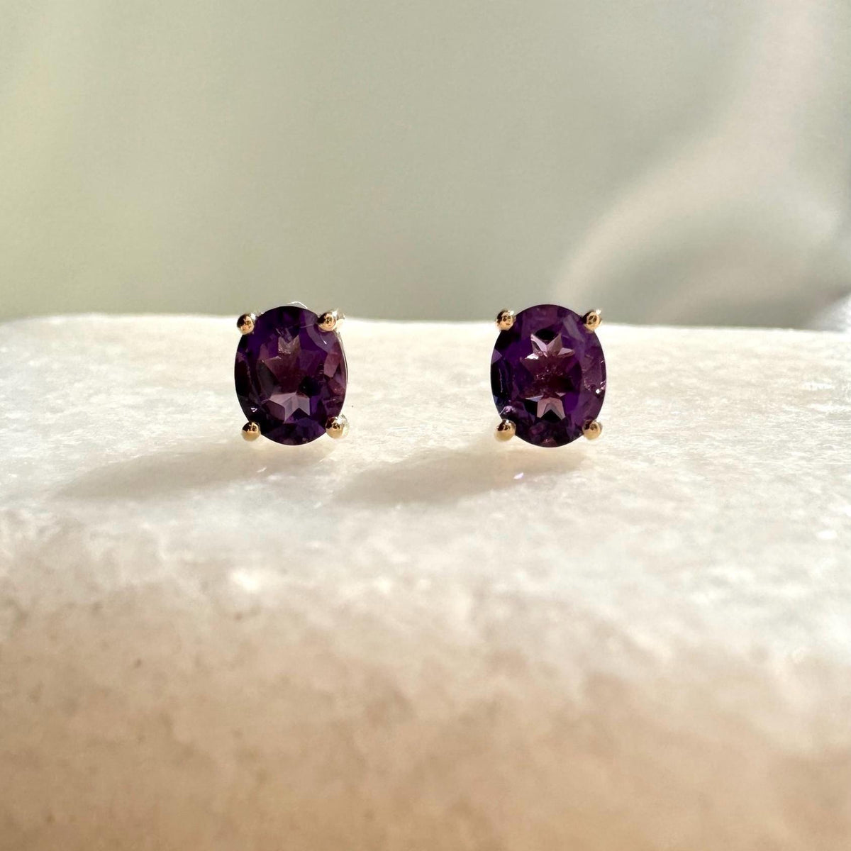 Genuine Amethyst Oval Cut Solitaire Stud Earrings, 14k Solid Gold, February Birthstone, Gift for Her