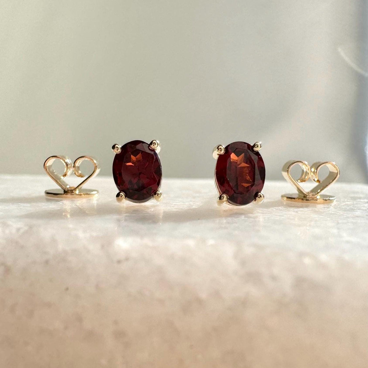 Genuine Garnet Oval Cut Solitaire Stud Earrings / 14k Solid Gold