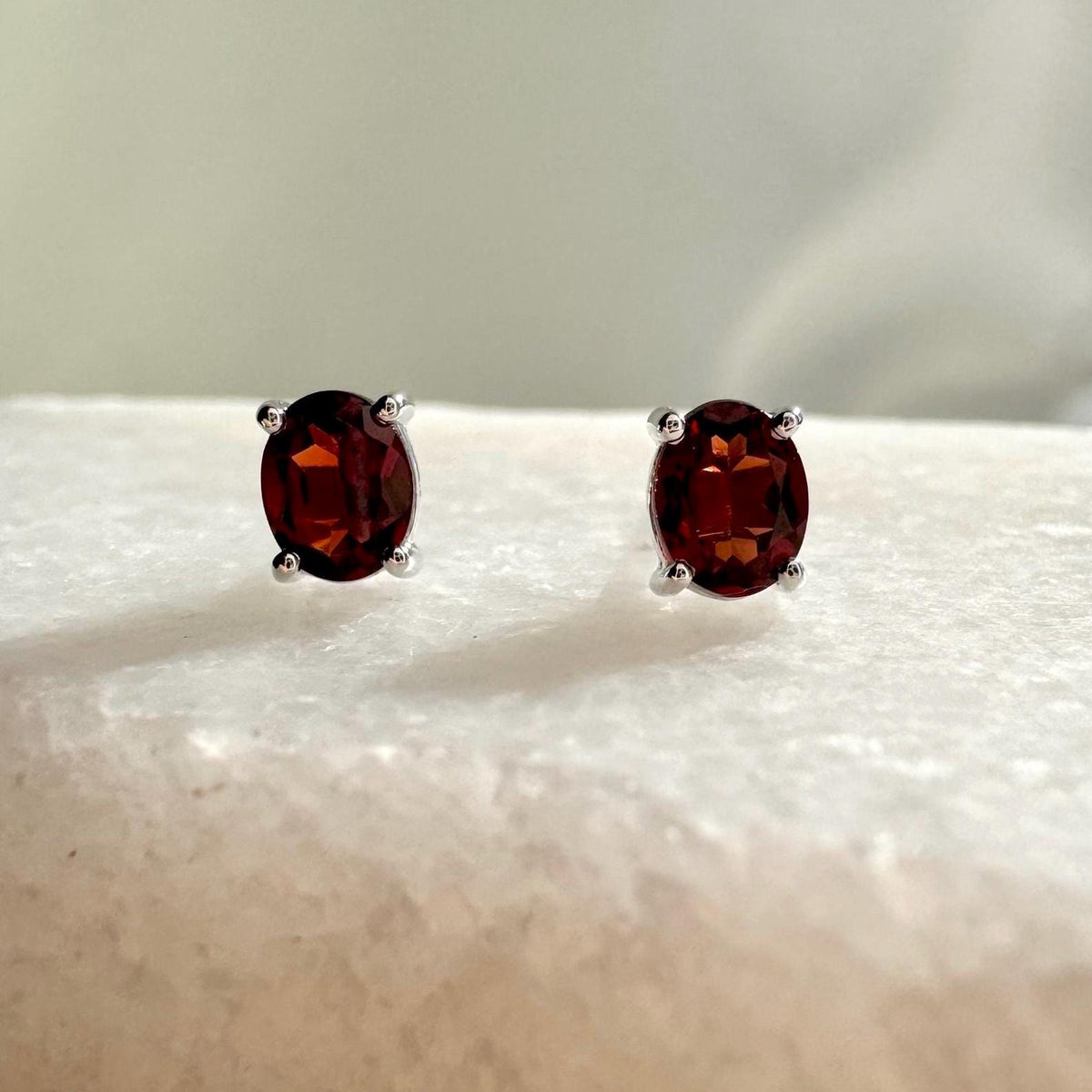 Genuine Garnet Oval Cut Solitaire Stud Earrings / 14k Solid Gold