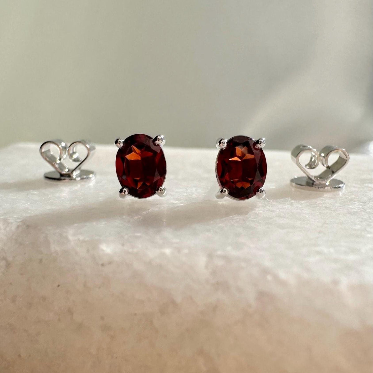 Genuine Garnet Oval Cut Solitaire Stud Earrings / 14k Solid Gold