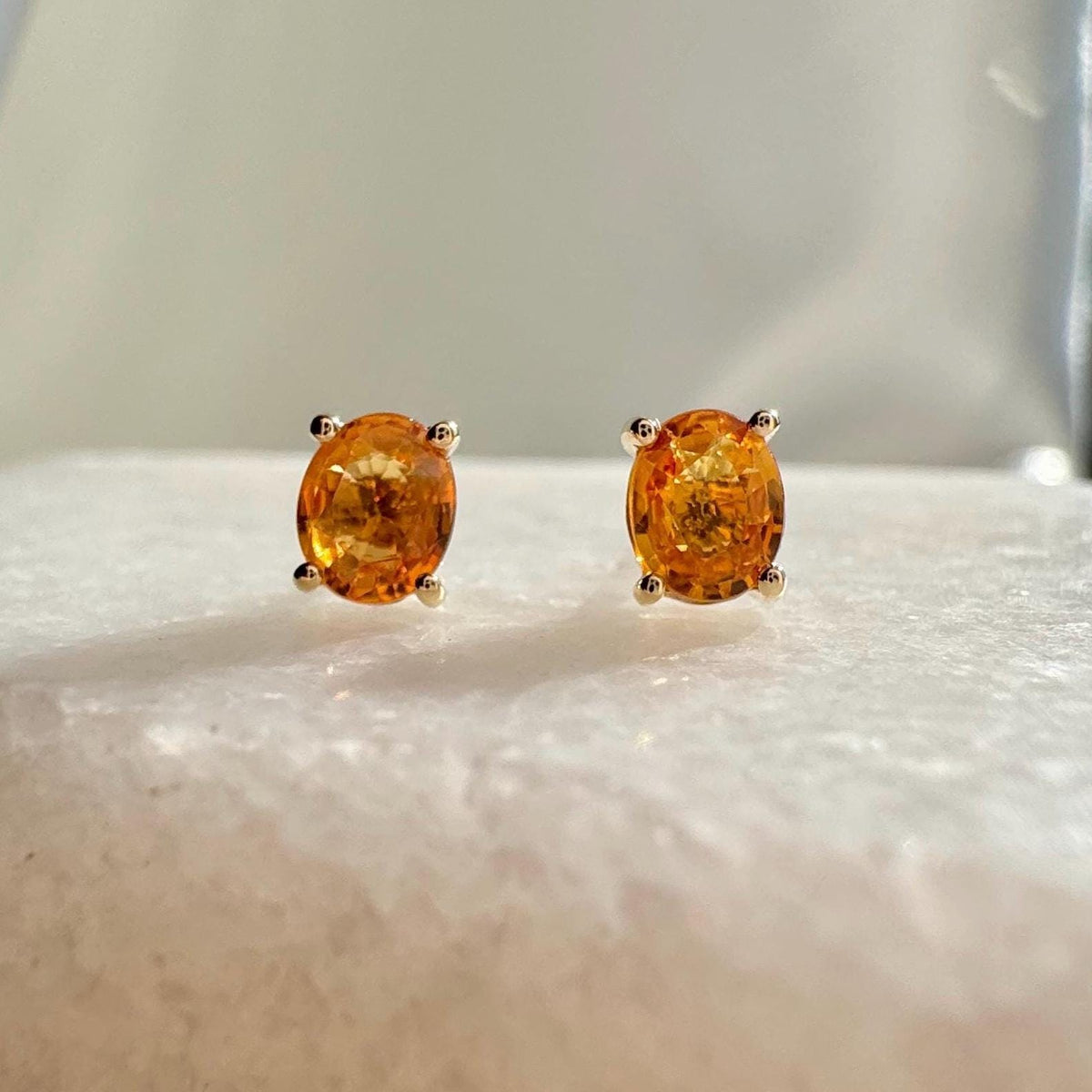 Genuine Orange Sapphire Oval Cut Solitaire Stud Earrings, 14k or 18k Solid Gold, September Birthstone