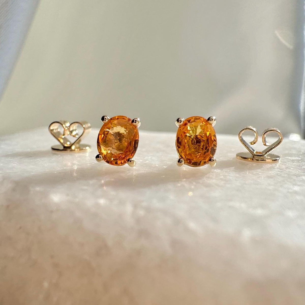 Genuine Orange Sapphire Oval Cut Solitaire Stud Earrings, 14k or 18k Solid Gold, September Birthstone