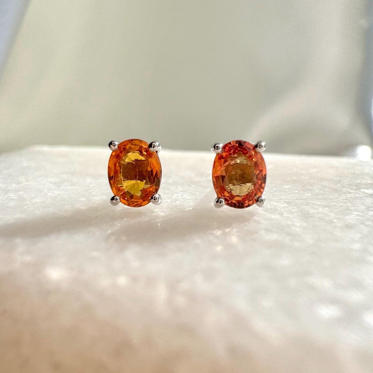 Genuine Orange Sapphire Oval Cut Solitaire Stud Earrings, 14k or 18k Solid Gold, September Birthstone