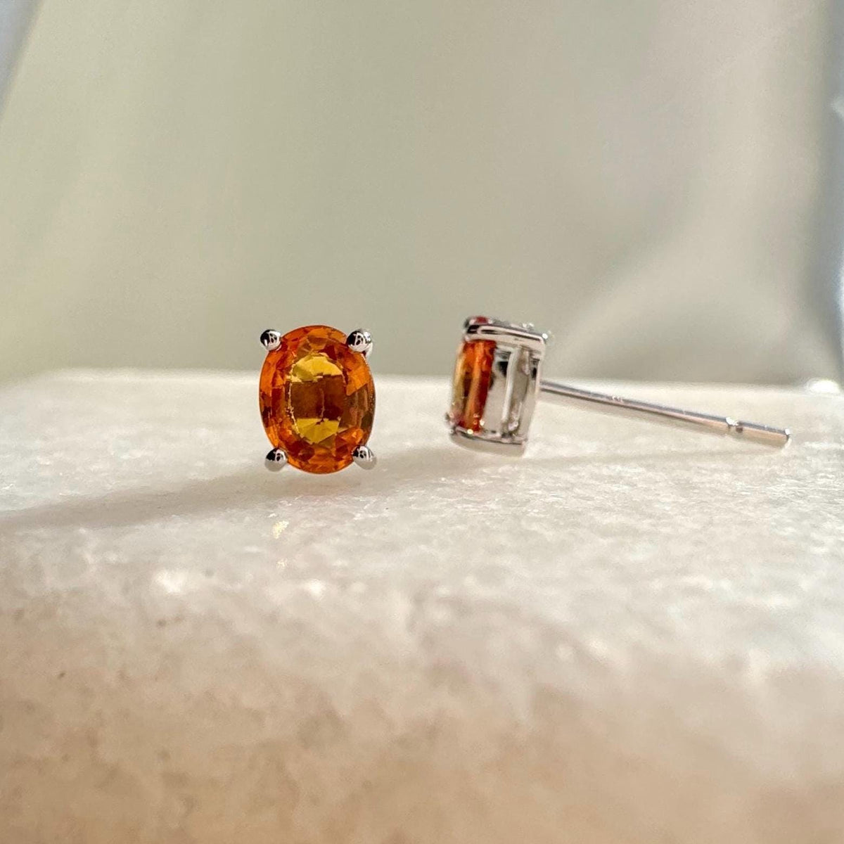 Genuine Orange Sapphire Oval Cut Solitaire Stud Earrings, 14k or 18k Solid Gold, September Birthstone